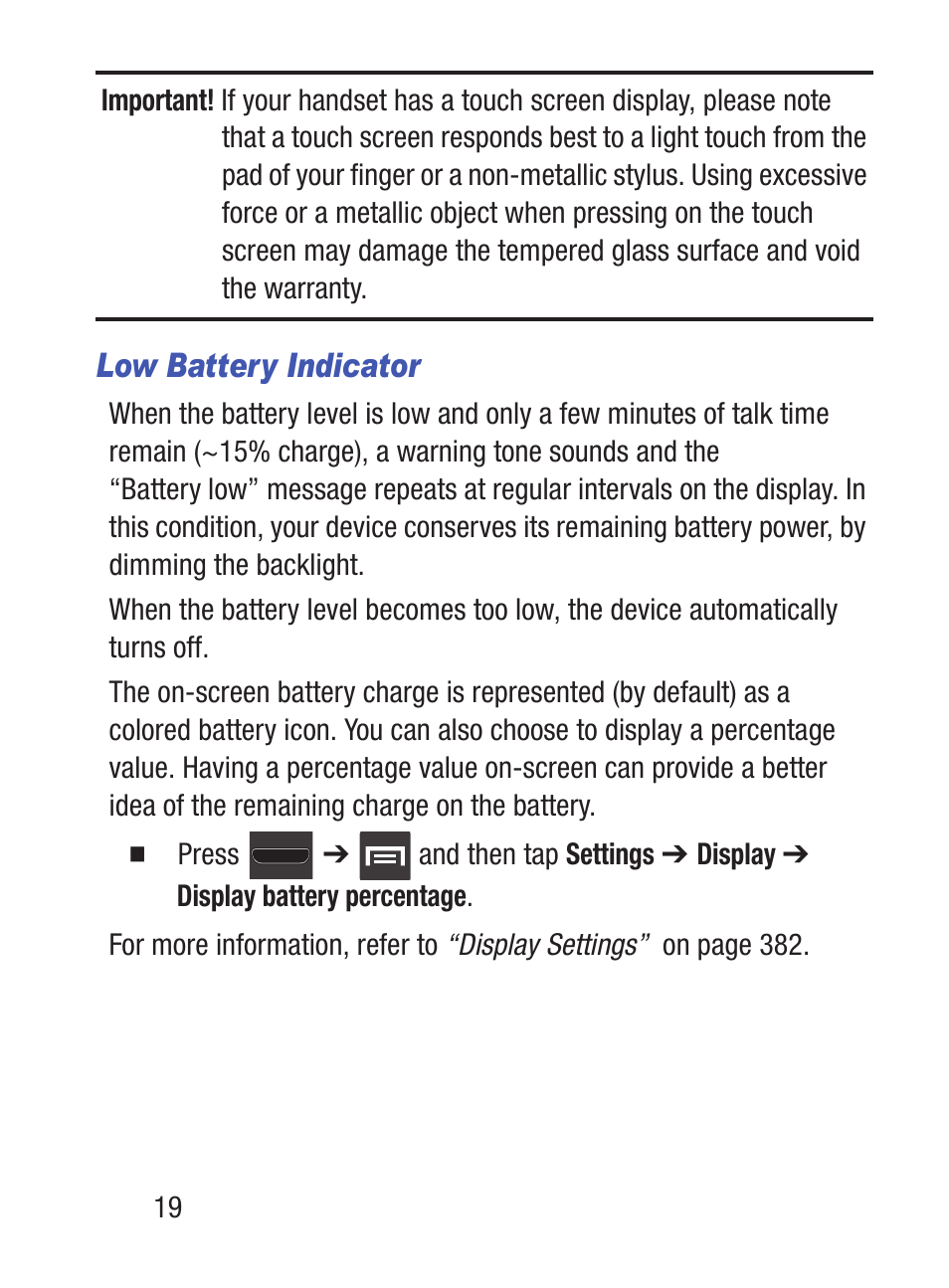 Low battery indicator | Samsung SCH-S960RWBTFN User Manual | Page 24 / 513