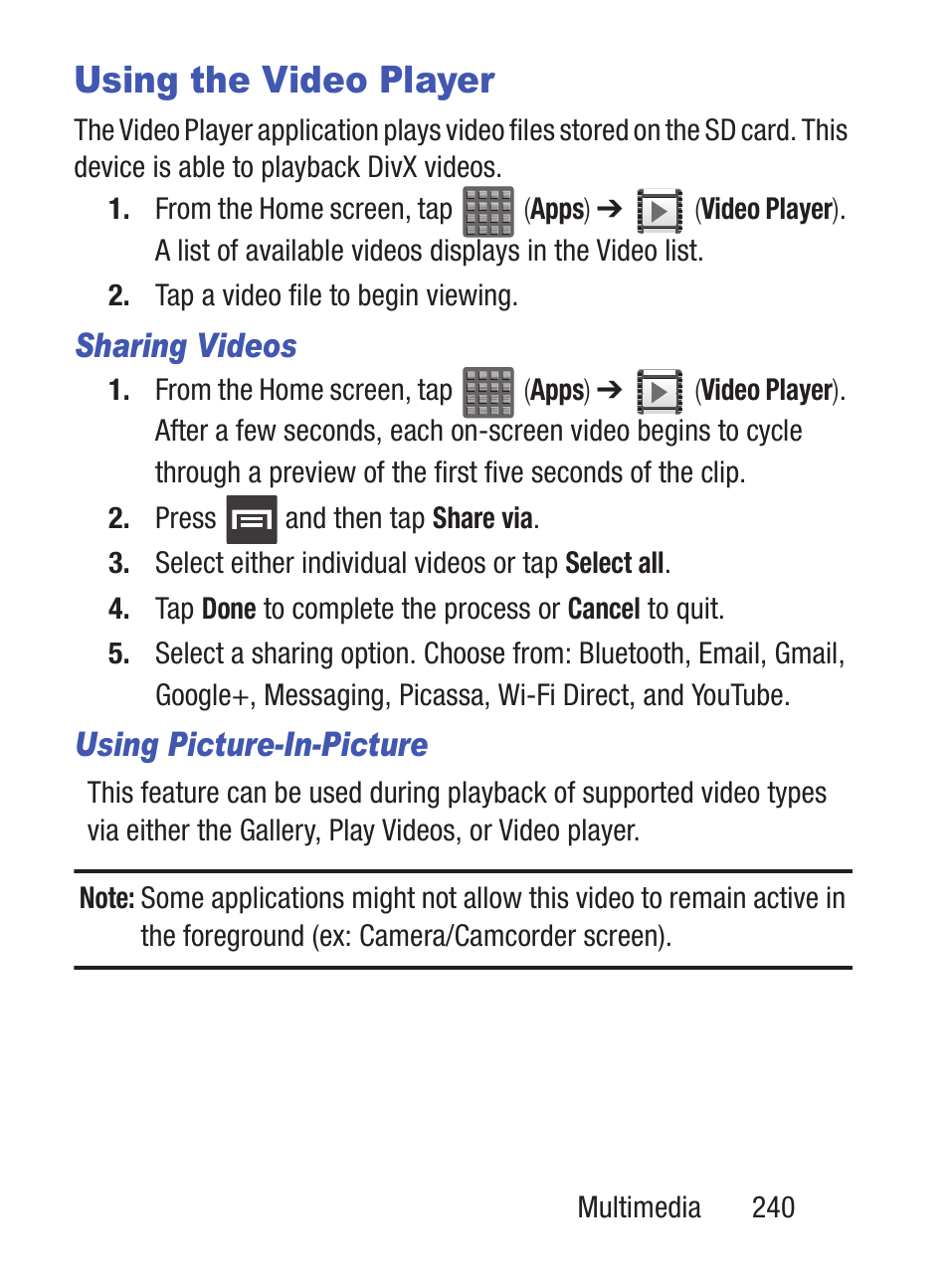 Using the video player | Samsung SCH-S960RWBTFN User Manual | Page 245 / 513