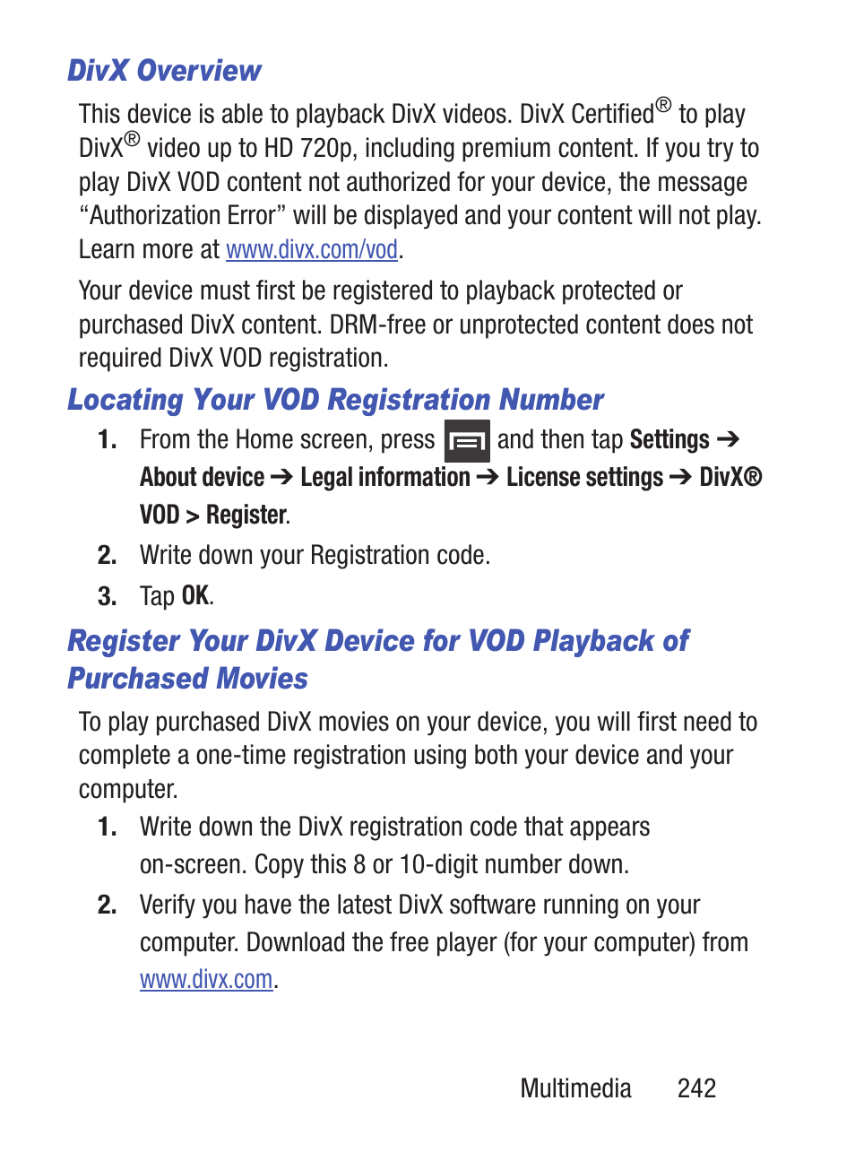 Divx overview, Locating your vod registration number | Samsung SCH-S960RWBTFN User Manual | Page 247 / 513