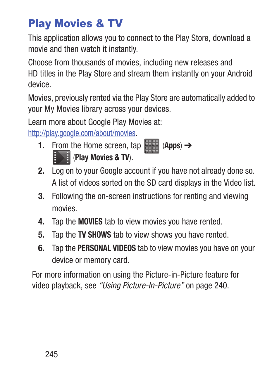 Play movies & tv | Samsung SCH-S960RWBTFN User Manual | Page 250 / 513