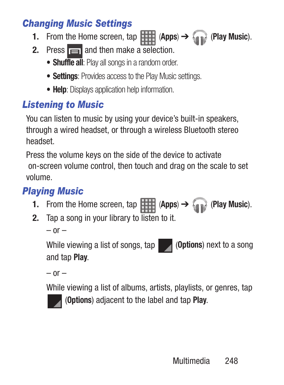 Changing music settings, Listening to music, Playing music | Samsung SCH-S960RWBTFN User Manual | Page 253 / 513