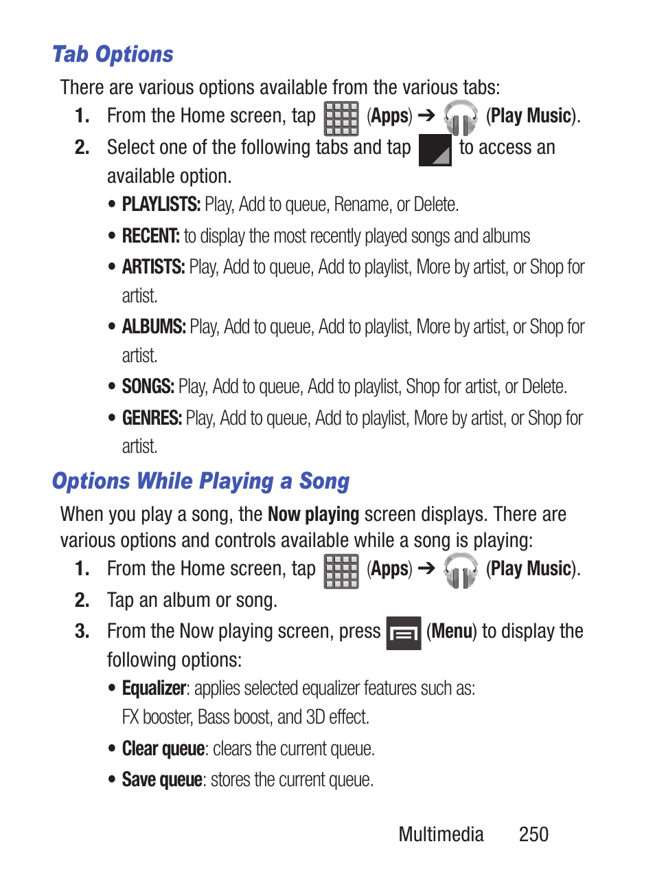 Tab options, Options while playing a song | Samsung SCH-S960RWBTFN User Manual | Page 255 / 513