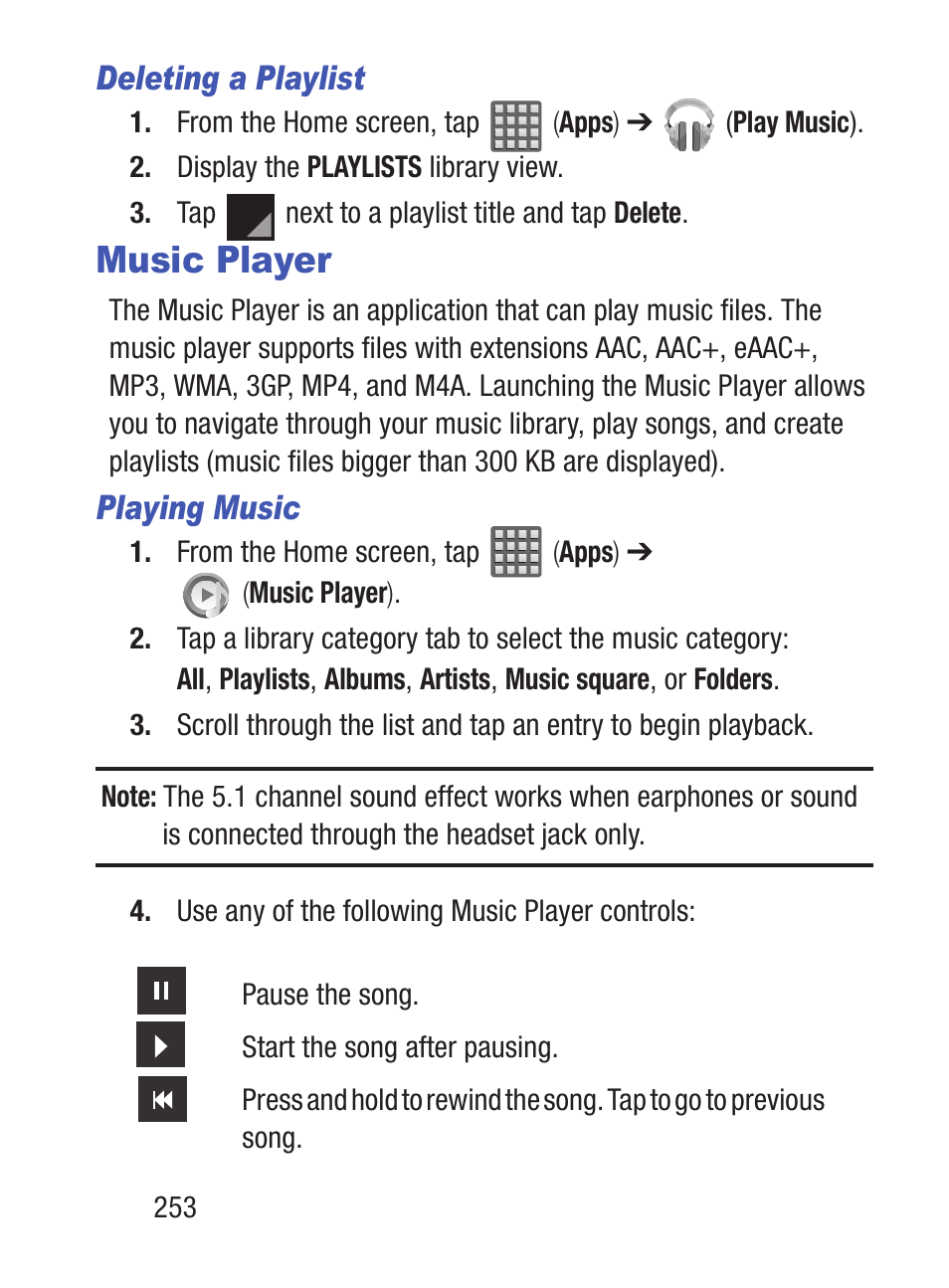 Music player, Deleting a playlist, Playing music | Samsung SCH-S960RWBTFN User Manual | Page 258 / 513