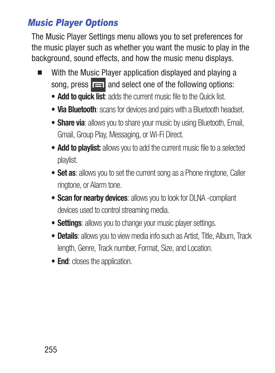 Music player options | Samsung SCH-S960RWBTFN User Manual | Page 260 / 513