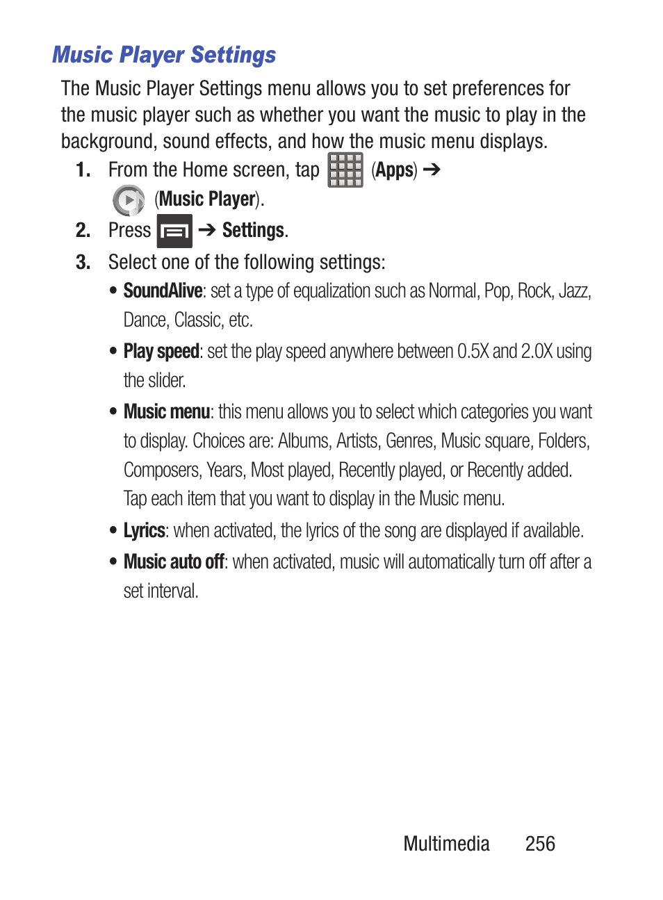 Music player settings | Samsung SCH-S960RWBTFN User Manual | Page 261 / 513