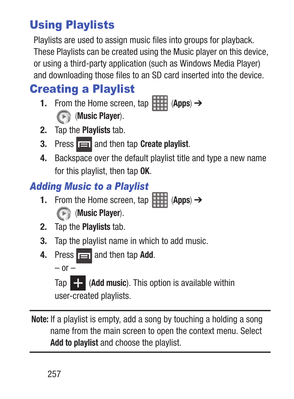 Using playlists, Creating a playlist | Samsung SCH-S960RWBTFN User Manual | Page 262 / 513