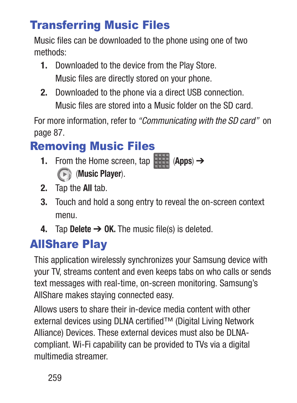 Transferring music files, Removing music files, Allshare play | Samsung SCH-S960RWBTFN User Manual | Page 264 / 513