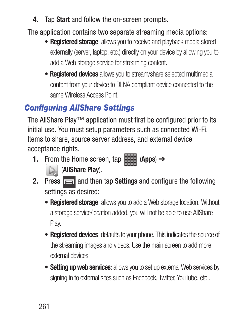 Configuring allshare settings | Samsung SCH-S960RWBTFN User Manual | Page 266 / 513