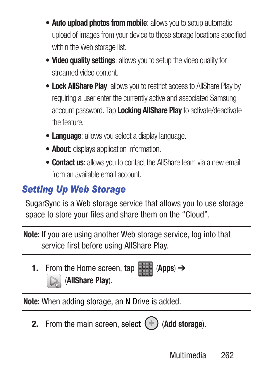 Setting up web storage | Samsung SCH-S960RWBTFN User Manual | Page 267 / 513