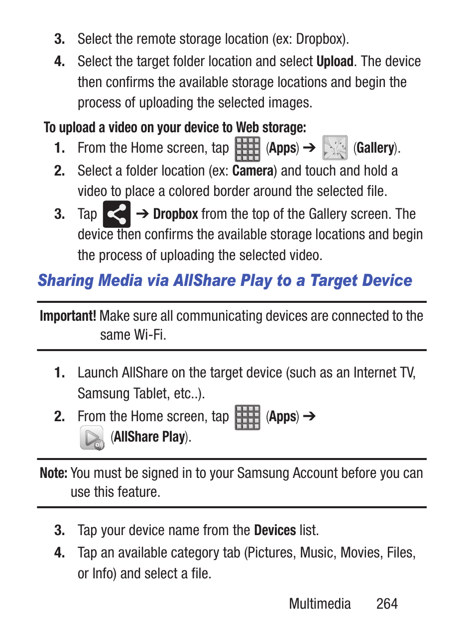 Sharing media via allshare play to a target device | Samsung SCH-S960RWBTFN User Manual | Page 269 / 513