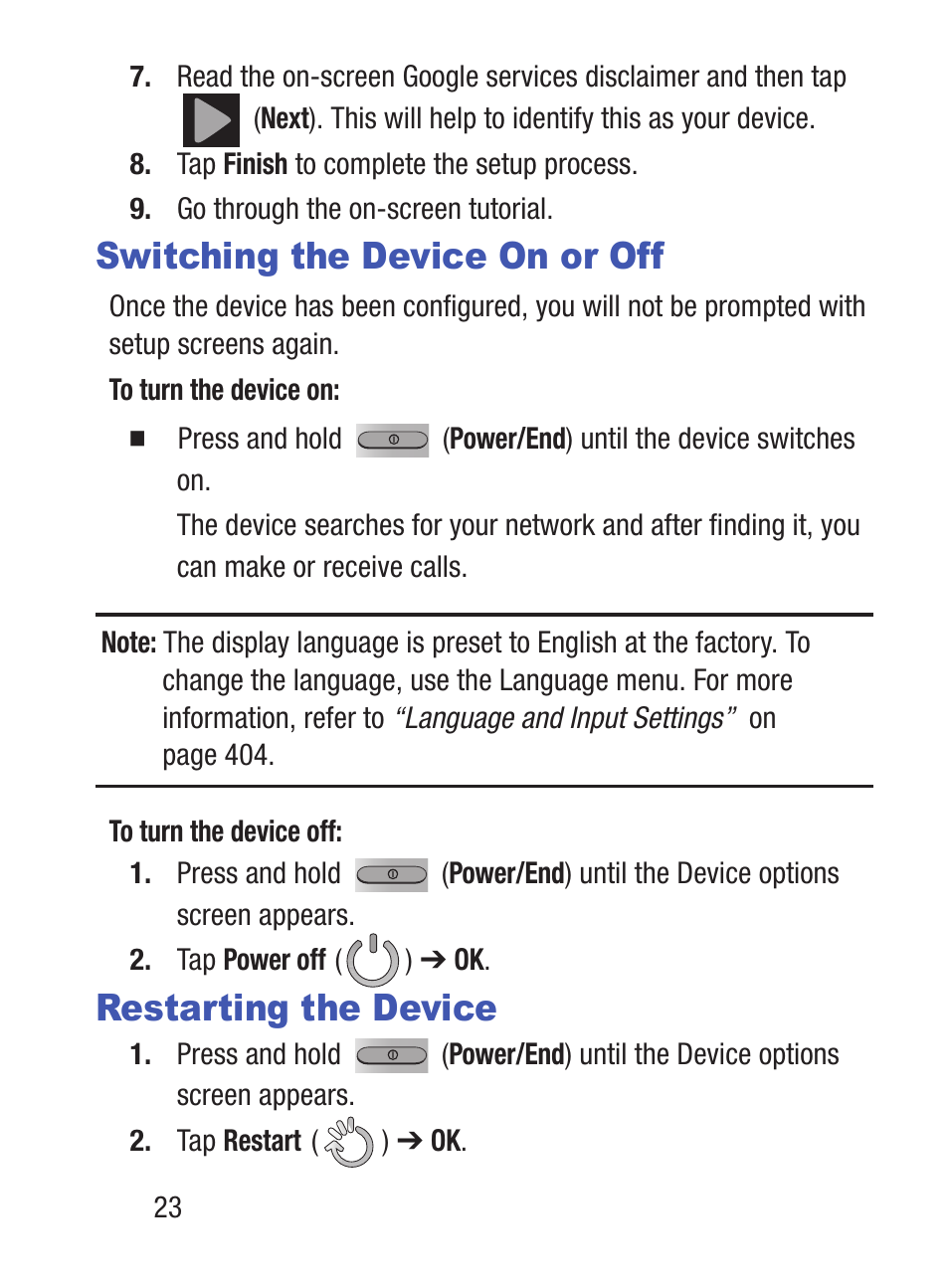 Switching the device on or off, Restarting the device | Samsung SCH-S960RWBTFN User Manual | Page 28 / 513