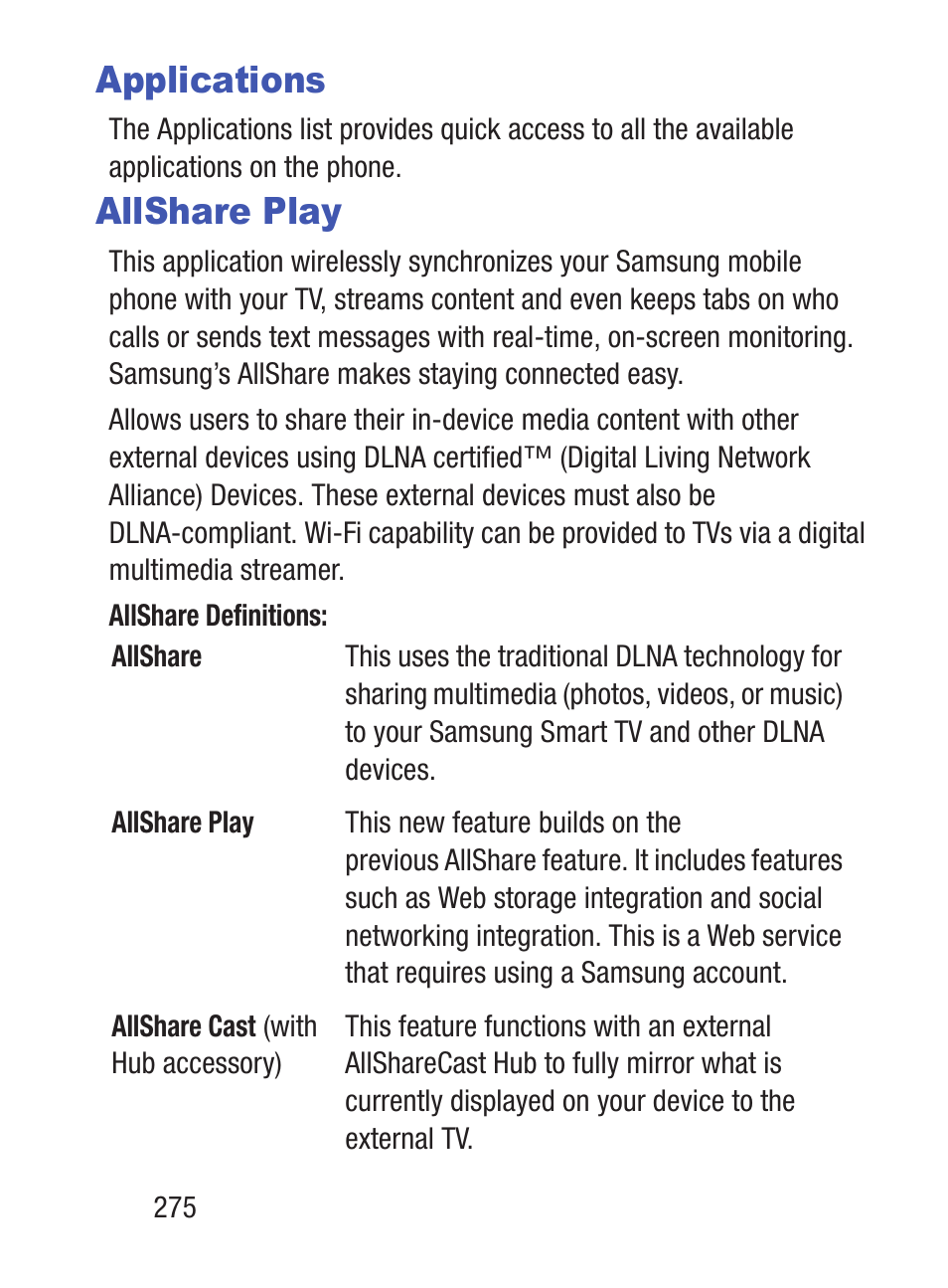 Applications, Allshare play | Samsung SCH-S960RWBTFN User Manual | Page 280 / 513
