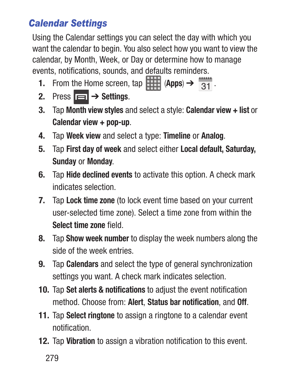 Calendar settings | Samsung SCH-S960RWBTFN User Manual | Page 284 / 513