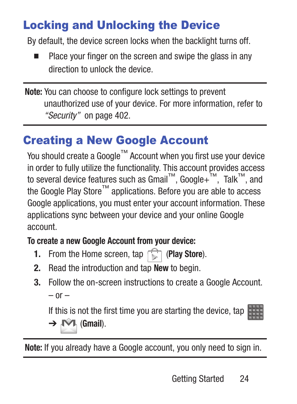 Locking and unlocking the device, Creating a new google account | Samsung SCH-S960RWBTFN User Manual | Page 29 / 513