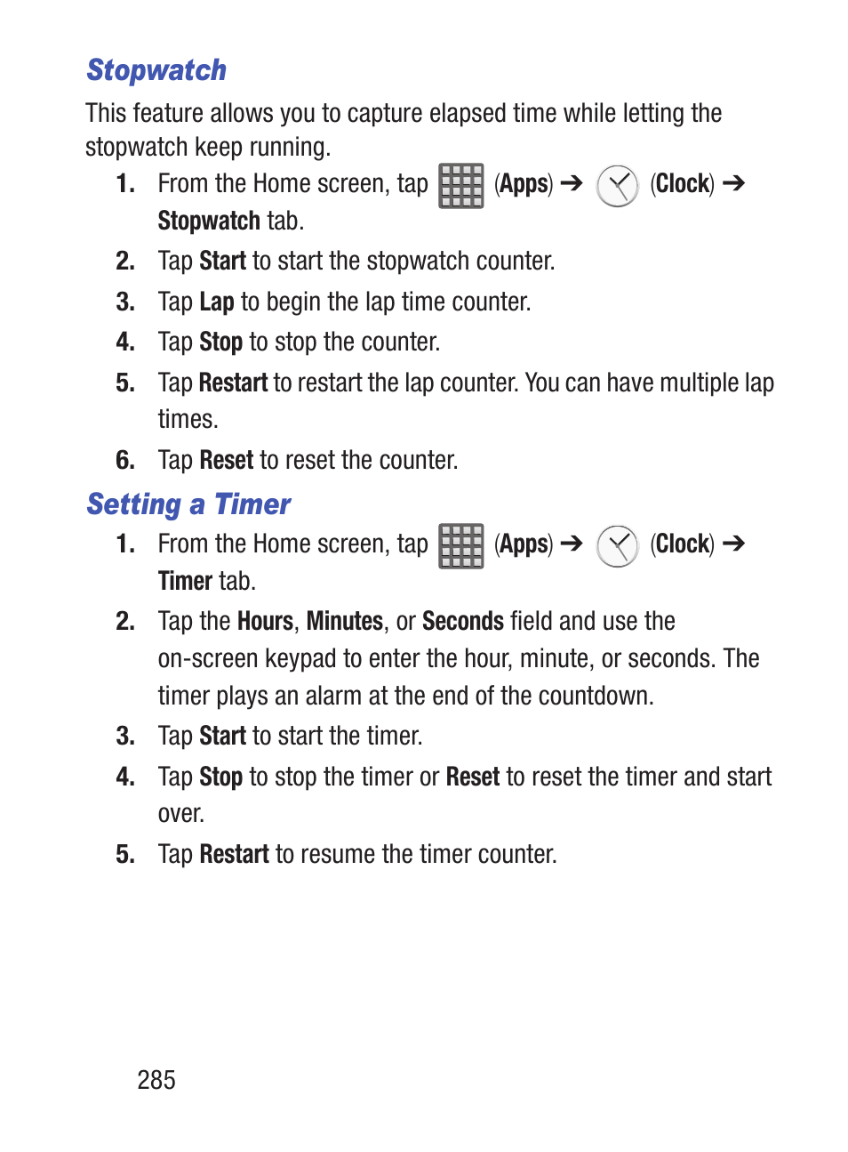 Stopwatch, Setting a timer | Samsung SCH-S960RWBTFN User Manual | Page 290 / 513