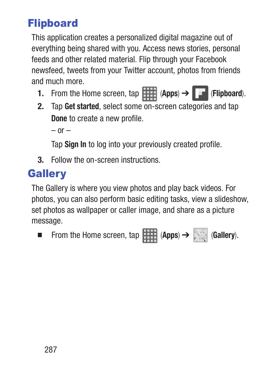 Flipboard, Gallery | Samsung SCH-S960RWBTFN User Manual | Page 292 / 513