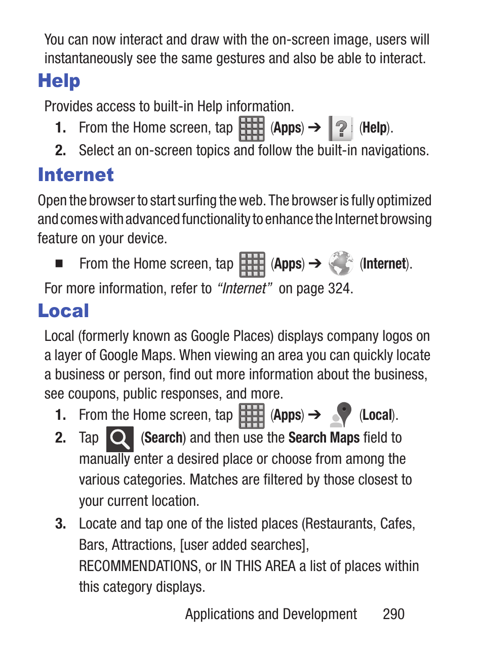 Help, Internet, Local | Samsung SCH-S960RWBTFN User Manual | Page 295 / 513