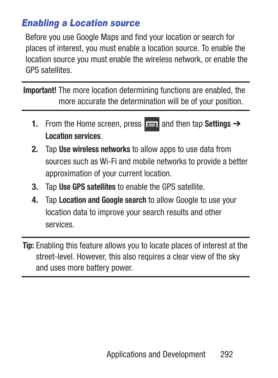 Enabling a location source | Samsung SCH-S960RWBTFN User Manual | Page 297 / 513