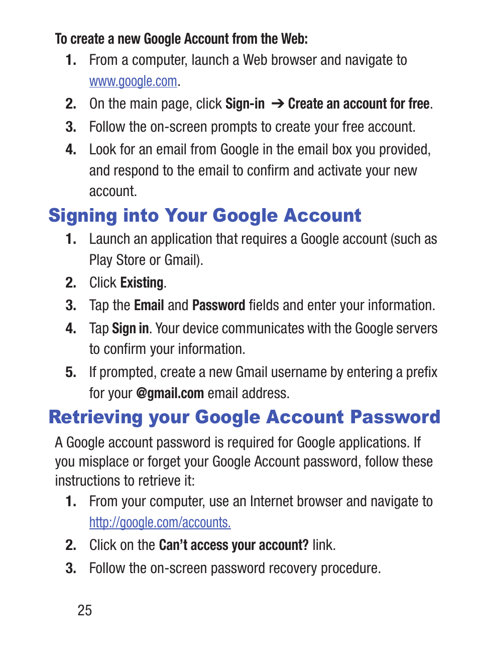 Signing into your google account, Retrieving your google account password | Samsung SCH-S960RWBTFN User Manual | Page 30 / 513