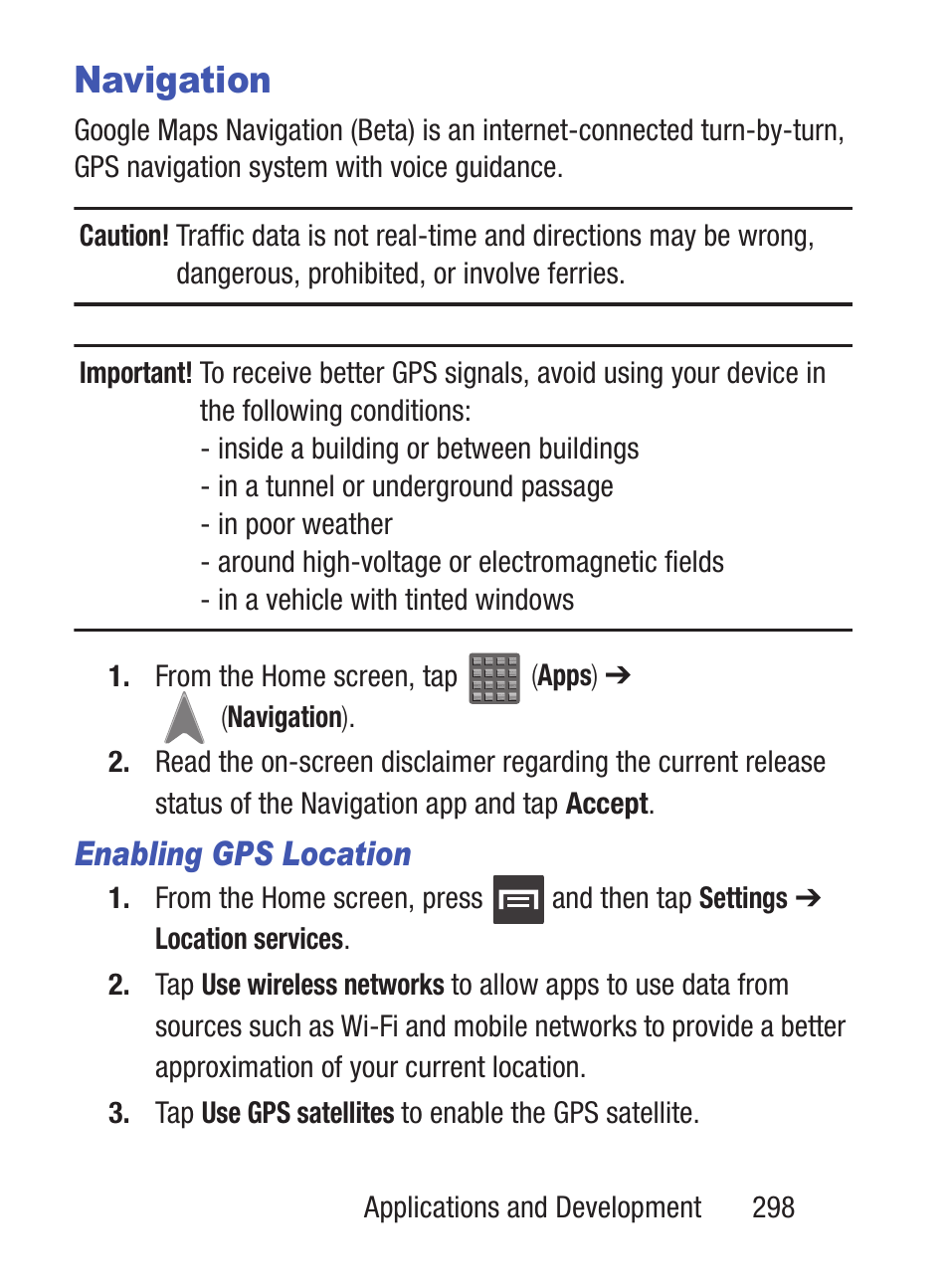 Navigation, Enabling gps location | Samsung SCH-S960RWBTFN User Manual | Page 303 / 513