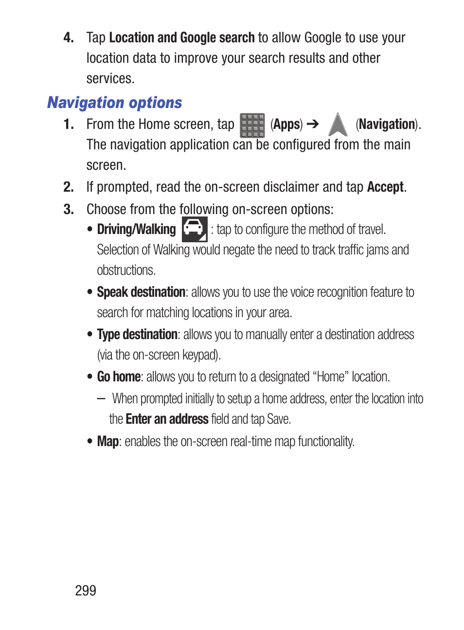Navigation options | Samsung SCH-S960RWBTFN User Manual | Page 304 / 513