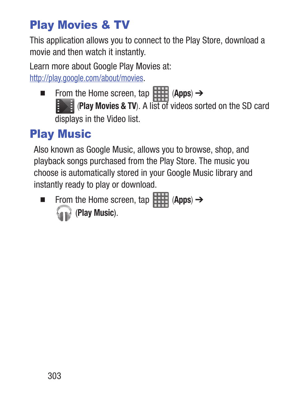 Play movies & tv, Play music | Samsung SCH-S960RWBTFN User Manual | Page 308 / 513