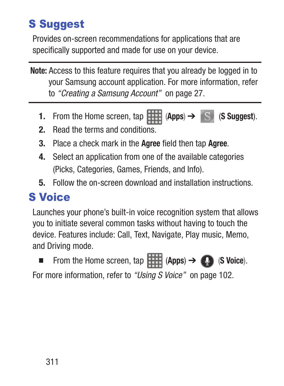 S suggest, S voice | Samsung SCH-S960RWBTFN User Manual | Page 316 / 513