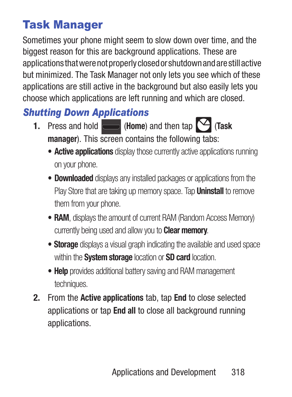 Task manager, Shutting down applications | Samsung SCH-S960RWBTFN User Manual | Page 323 / 513