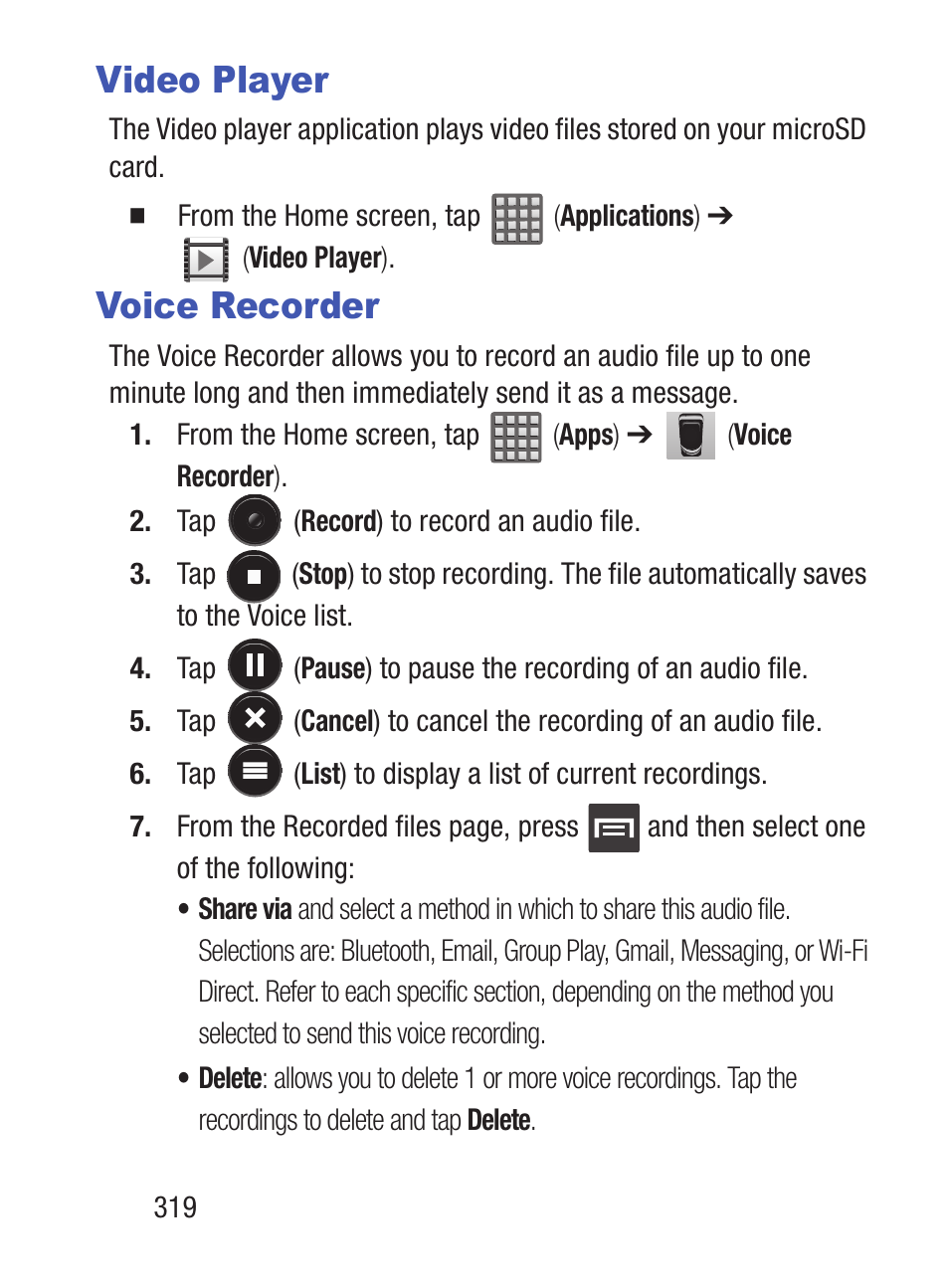 Video player, Voice recorder | Samsung SCH-S960RWBTFN User Manual | Page 324 / 513