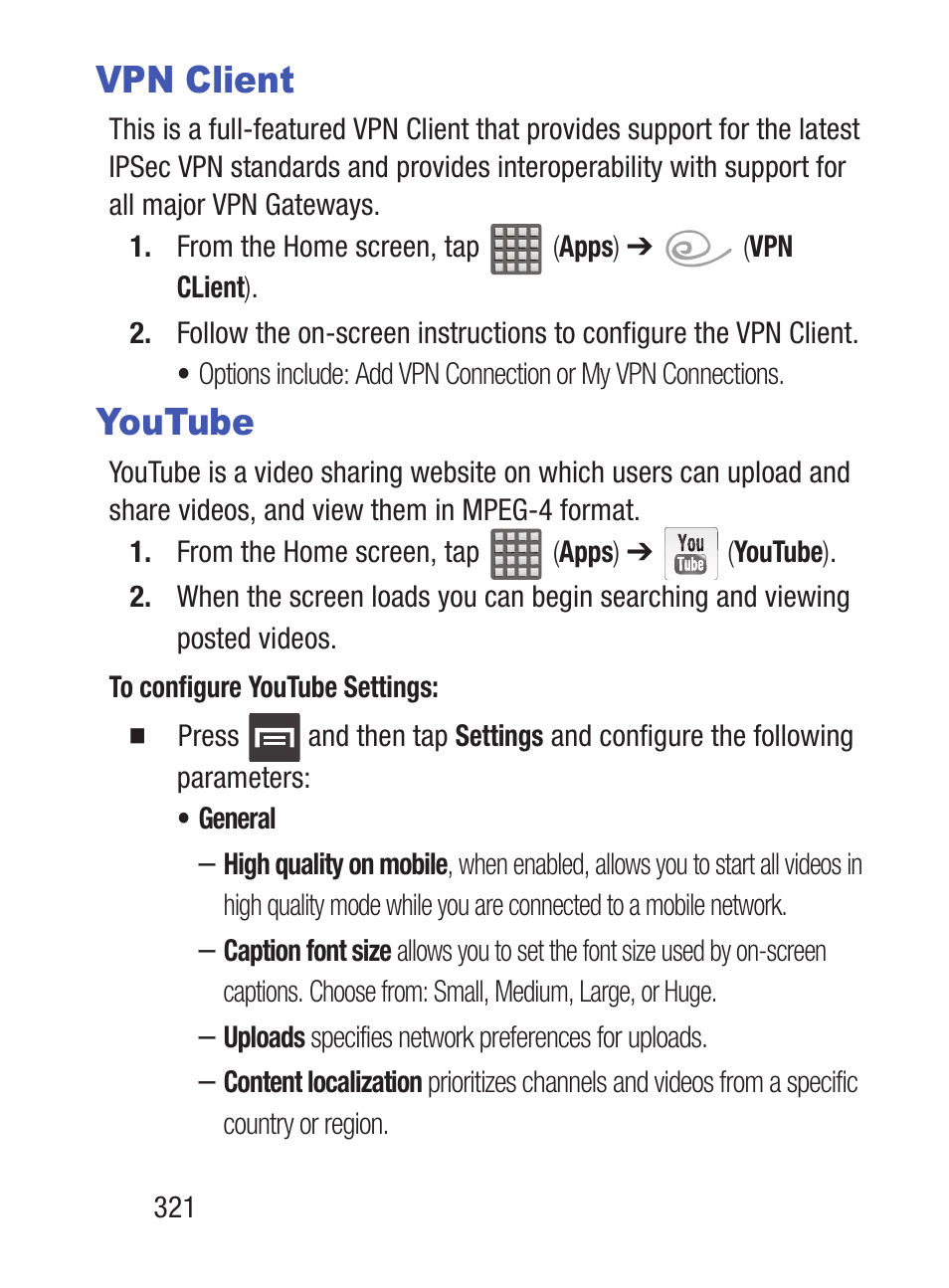 Vpn client, Youtube | Samsung SCH-S960RWBTFN User Manual | Page 326 / 513