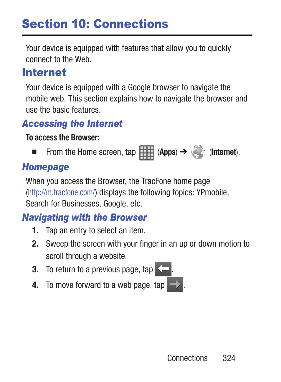 Section 10: connections, Internet | Samsung SCH-S960RWBTFN User Manual | Page 329 / 513