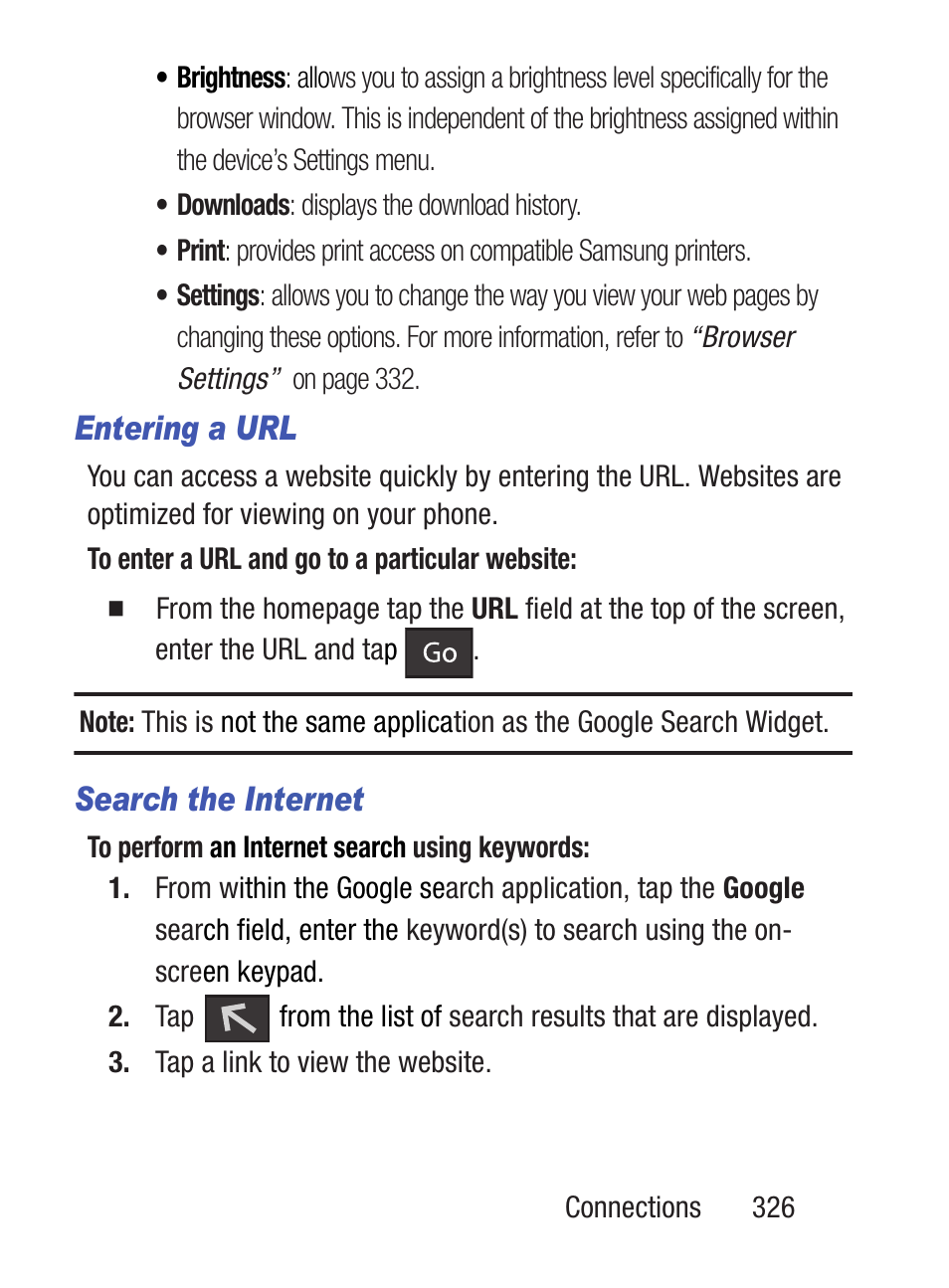 Search the i nternet, Entering a url | Samsung SCH-S960RWBTFN User Manual | Page 331 / 513