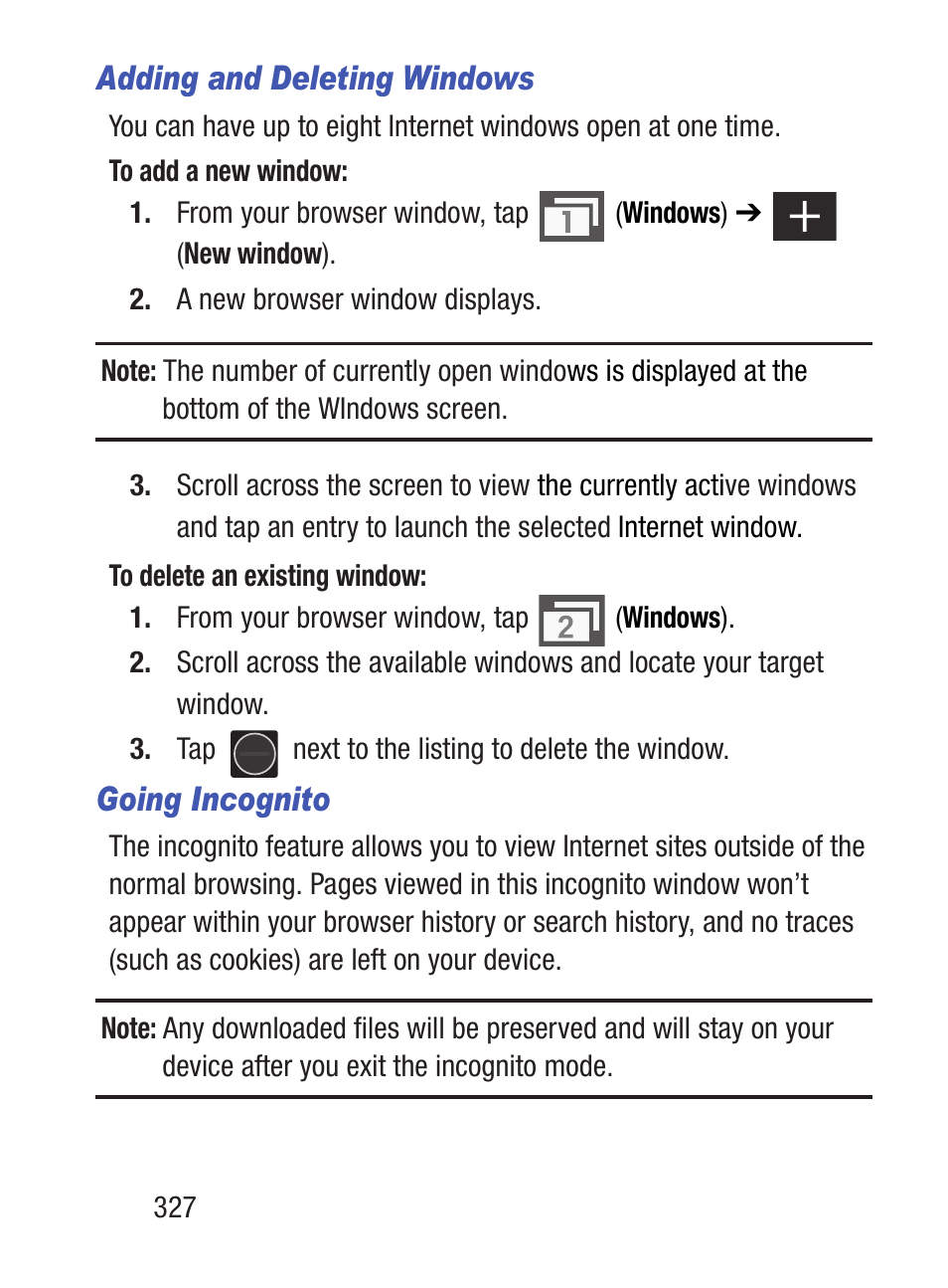 Adding and deleting windows, Going incognito | Samsung SCH-S960RWBTFN User Manual | Page 332 / 513