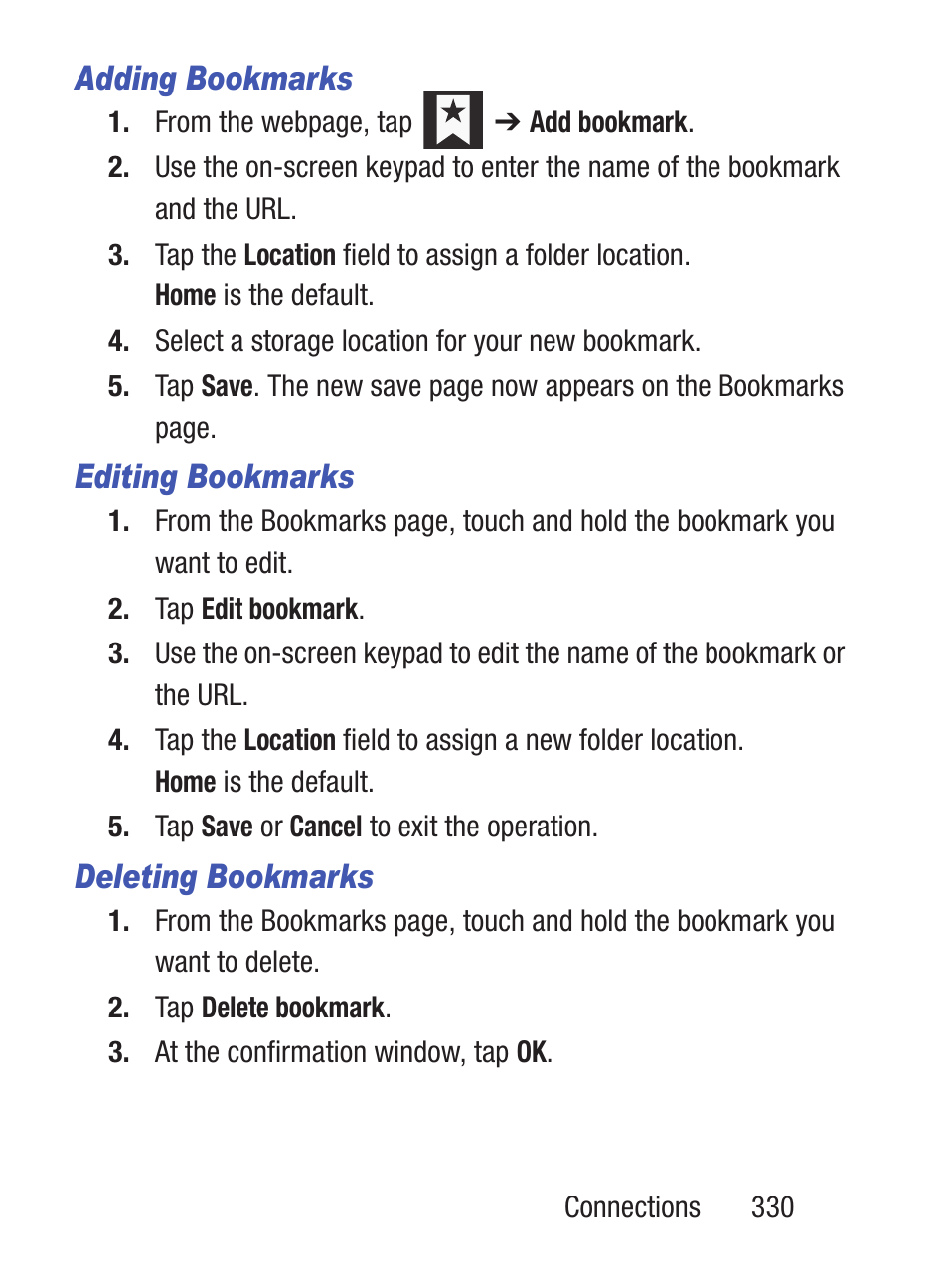 Adding bookmarks, Editing bookmarks, Deleting bookmarks | Samsung SCH-S960RWBTFN User Manual | Page 335 / 513