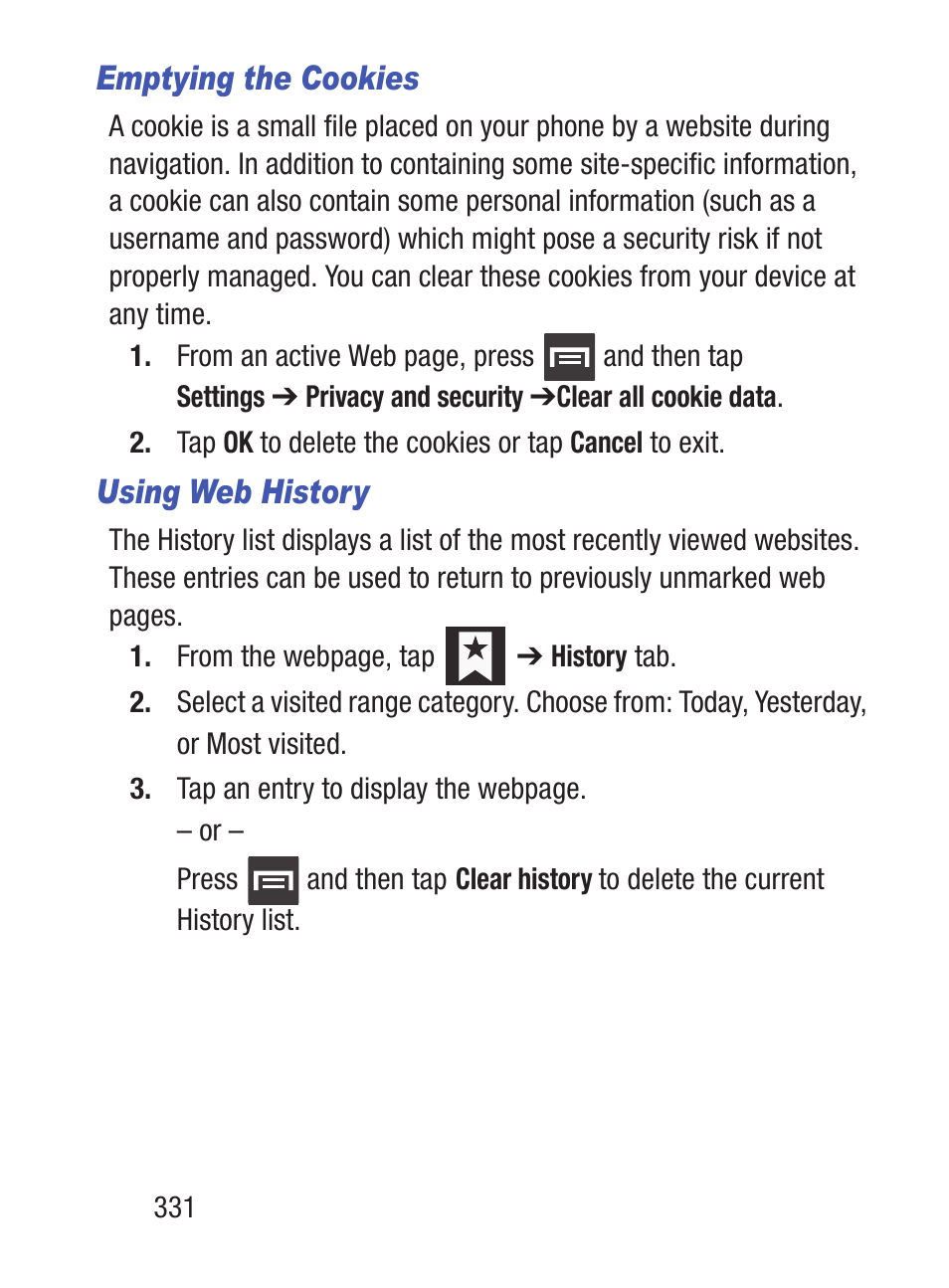 Emptying the cookies, Using web history | Samsung SCH-S960RWBTFN User Manual | Page 336 / 513