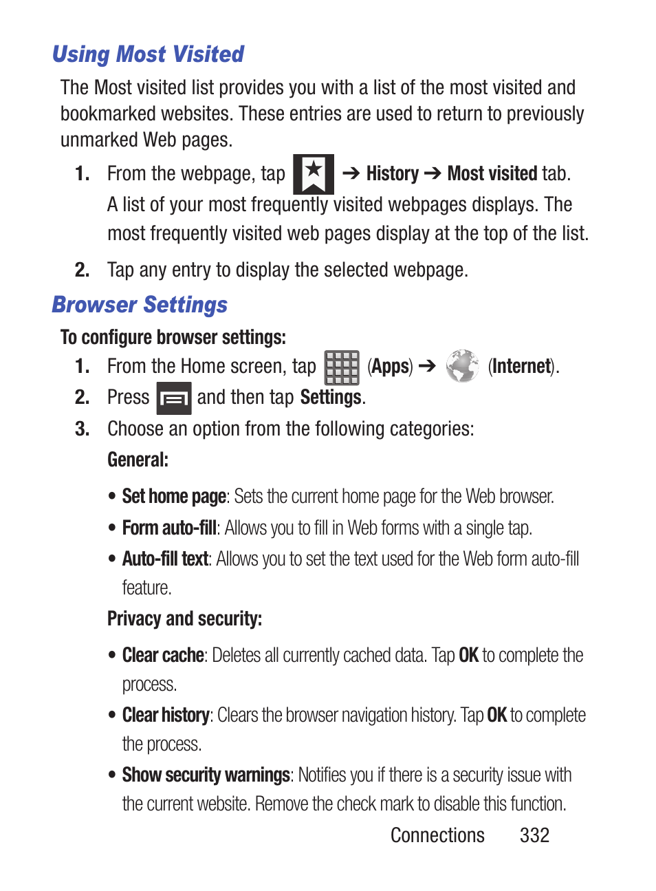 Using most visited, Browser settings | Samsung SCH-S960RWBTFN User Manual | Page 337 / 513