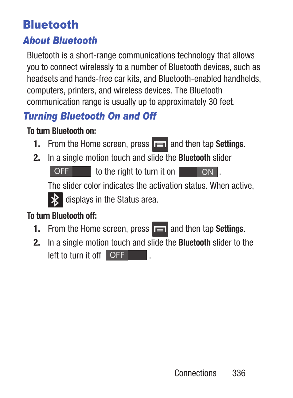 Bluetooth, About bluetooth, Turning bluetooth on and off | Samsung SCH-S960RWBTFN User Manual | Page 341 / 513