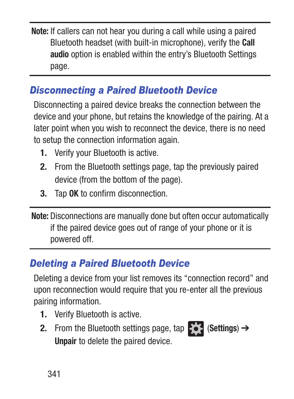 Disconnecting a paired bluetooth device, Deleting a paired bluetooth device | Samsung SCH-S960RWBTFN User Manual | Page 346 / 513