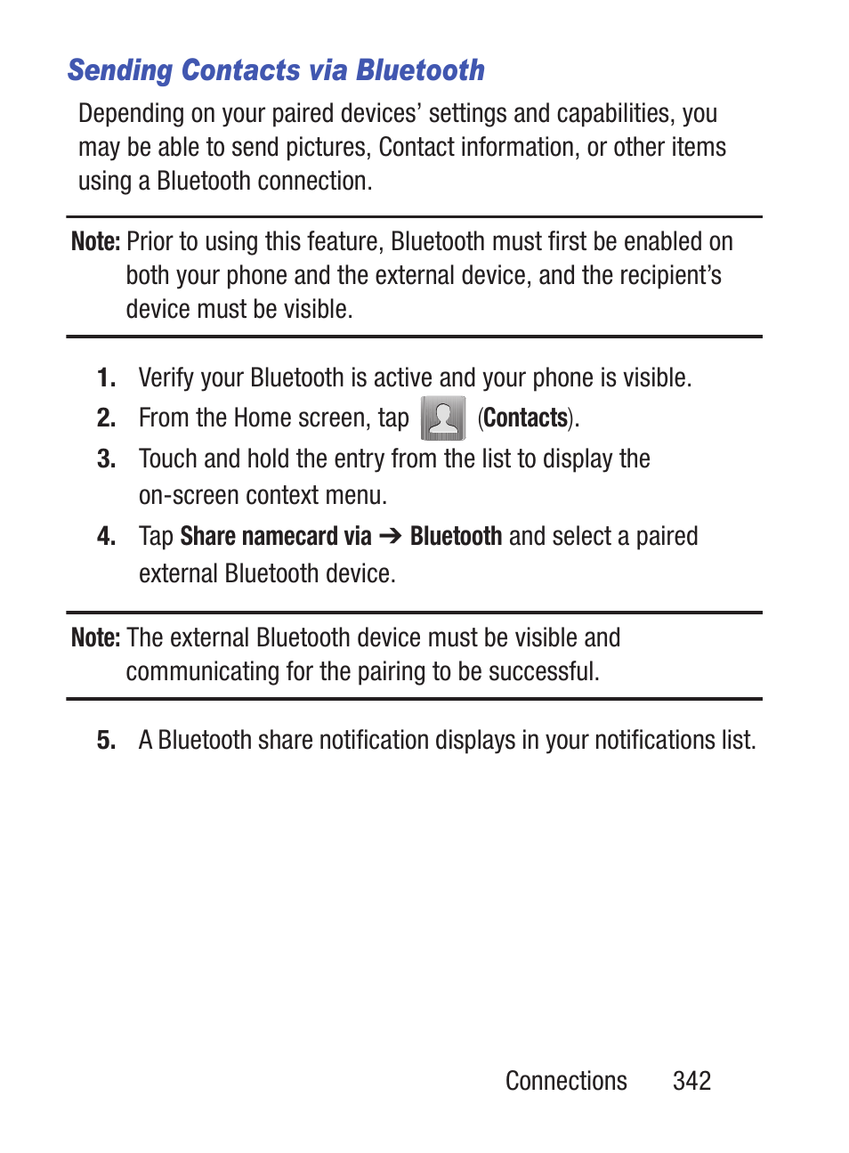 Sending contacts via bluetooth | Samsung SCH-S960RWBTFN User Manual | Page 347 / 513