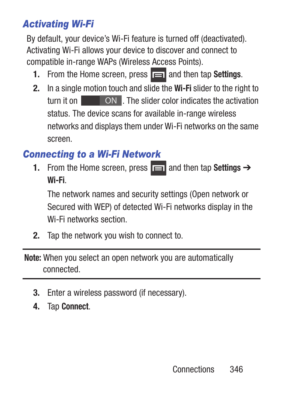 Activating wi-fi, Connecting to a wi-fi network | Samsung SCH-S960RWBTFN User Manual | Page 351 / 513