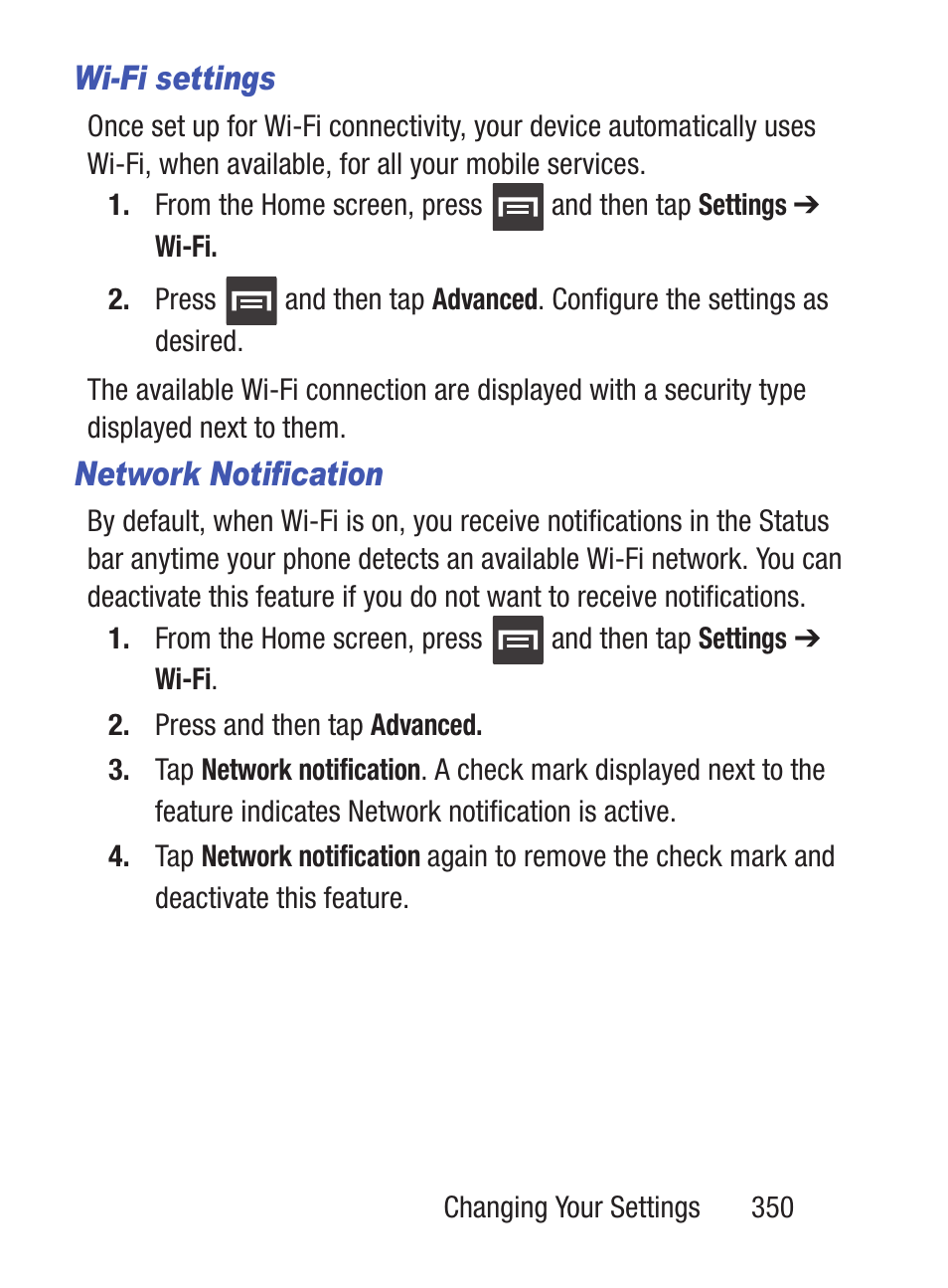 Wi-fi settings, Network notification | Samsung SCH-S960RWBTFN User Manual | Page 355 / 513