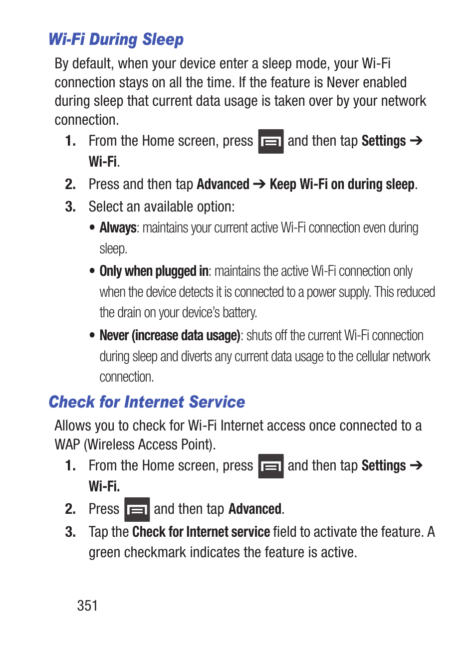 Wi-fi during sleep, Check for internet service | Samsung SCH-S960RWBTFN User Manual | Page 356 / 513