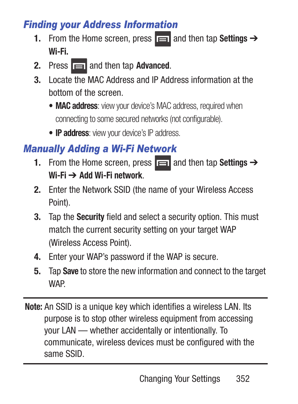 Finding your address information, Manually adding a wi-fi network | Samsung SCH-S960RWBTFN User Manual | Page 357 / 513