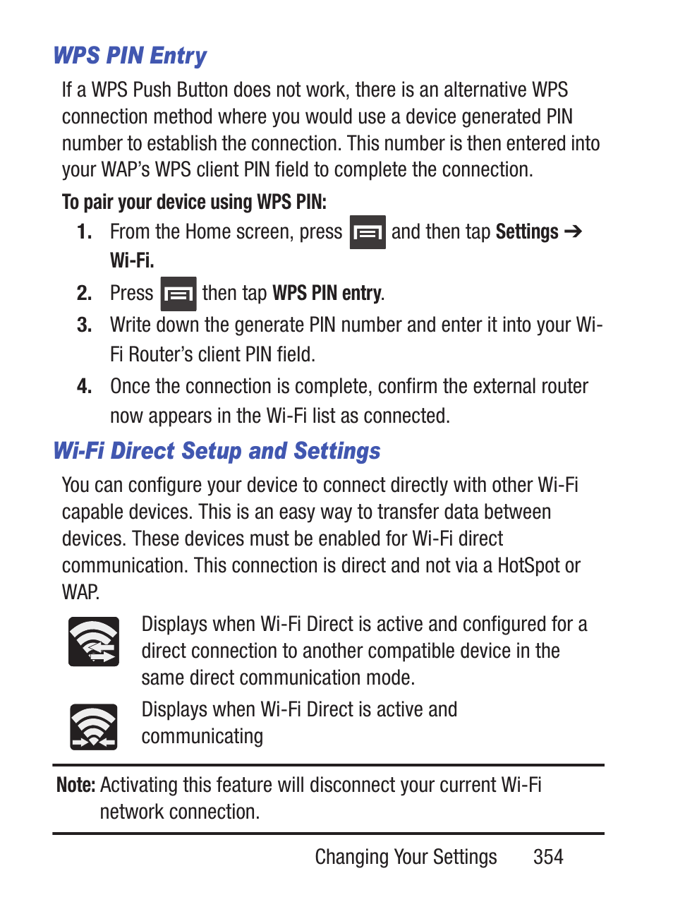 Wps pin entry, Wi-fi direct setup and settings | Samsung SCH-S960RWBTFN User Manual | Page 359 / 513