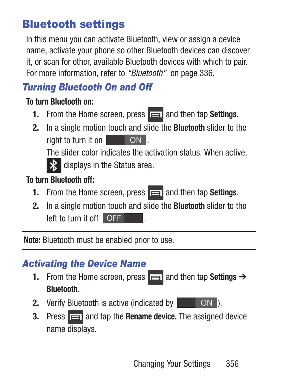 Bluetooth settings, Turning bluetooth on and off, Activating the device name | Samsung SCH-S960RWBTFN User Manual | Page 361 / 513