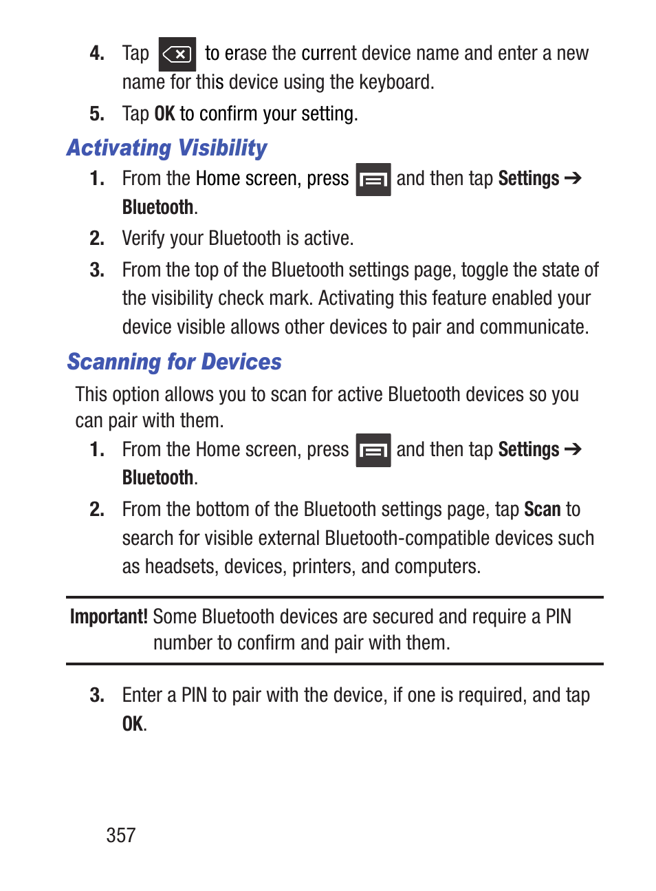 Activating vis ibility, Scanning for devices | Samsung SCH-S960RWBTFN User Manual | Page 362 / 513