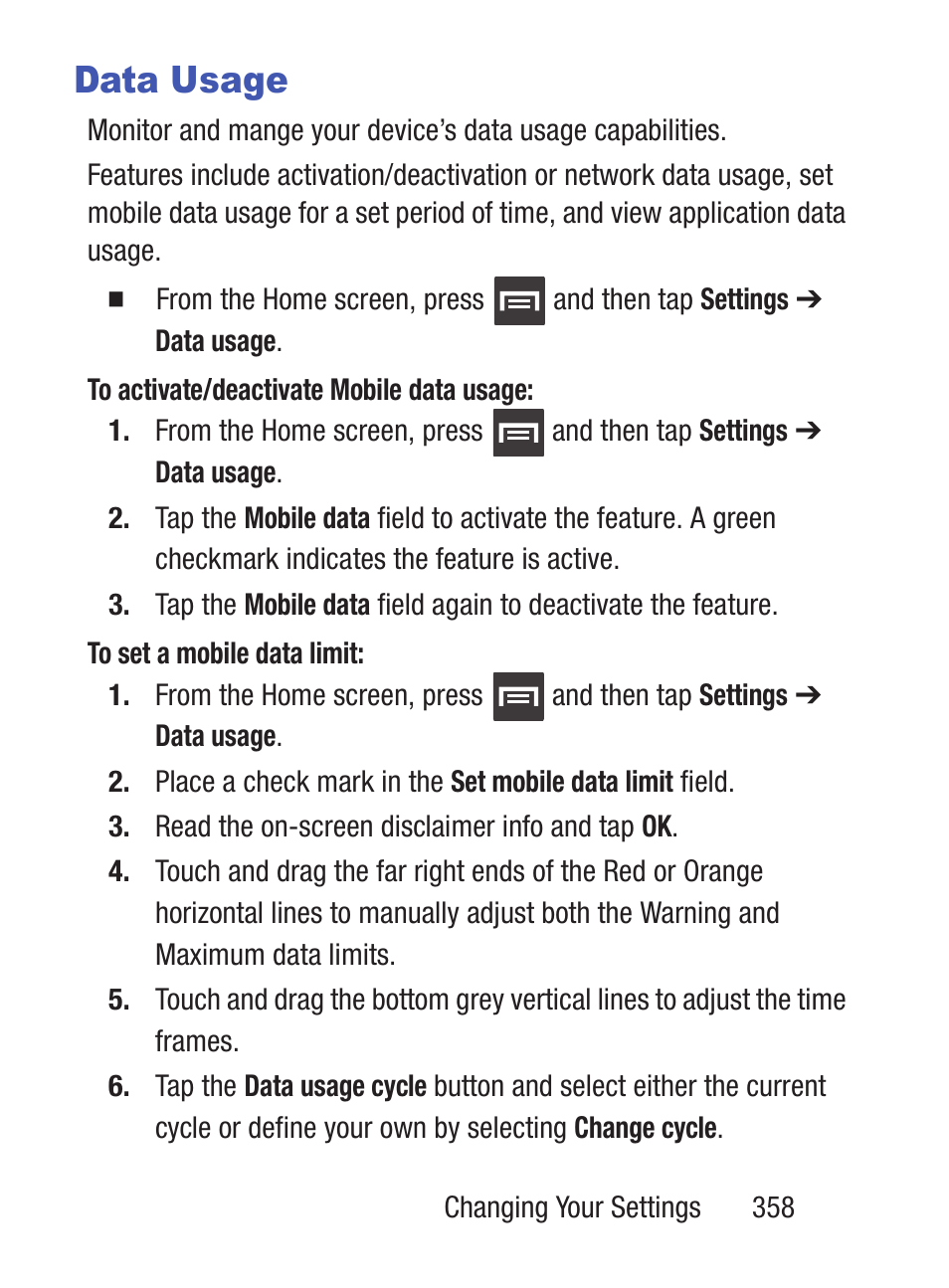 Data usage | Samsung SCH-S960RWBTFN User Manual | Page 363 / 513