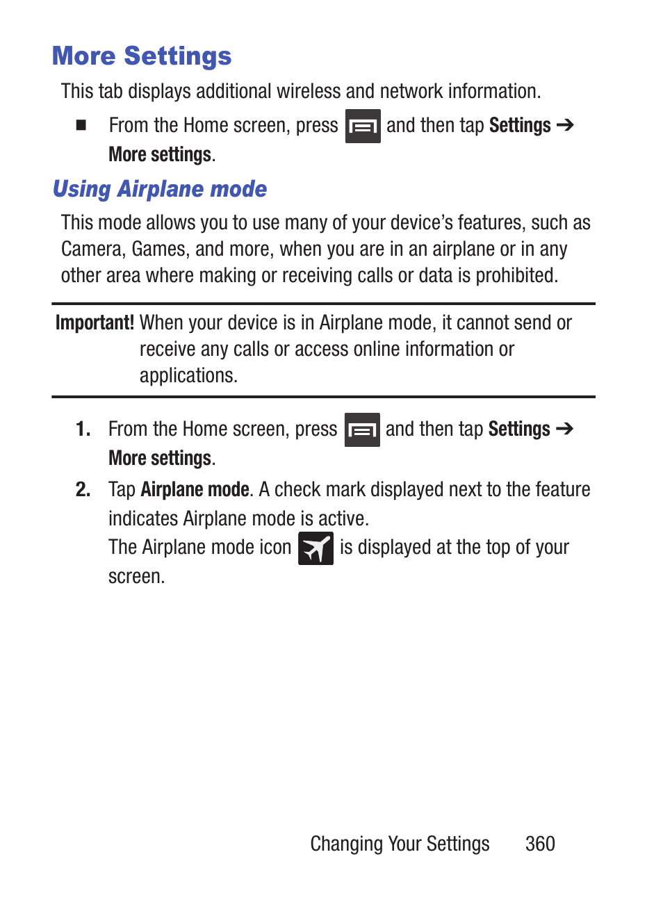 More settings, Using airplane mode | Samsung SCH-S960RWBTFN User Manual | Page 365 / 513