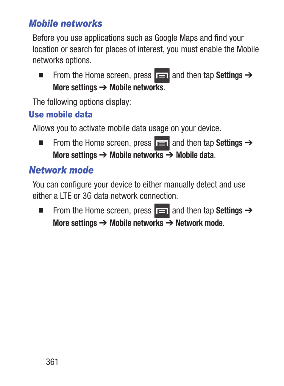 Mobile networks, Network mode | Samsung SCH-S960RWBTFN User Manual | Page 366 / 513