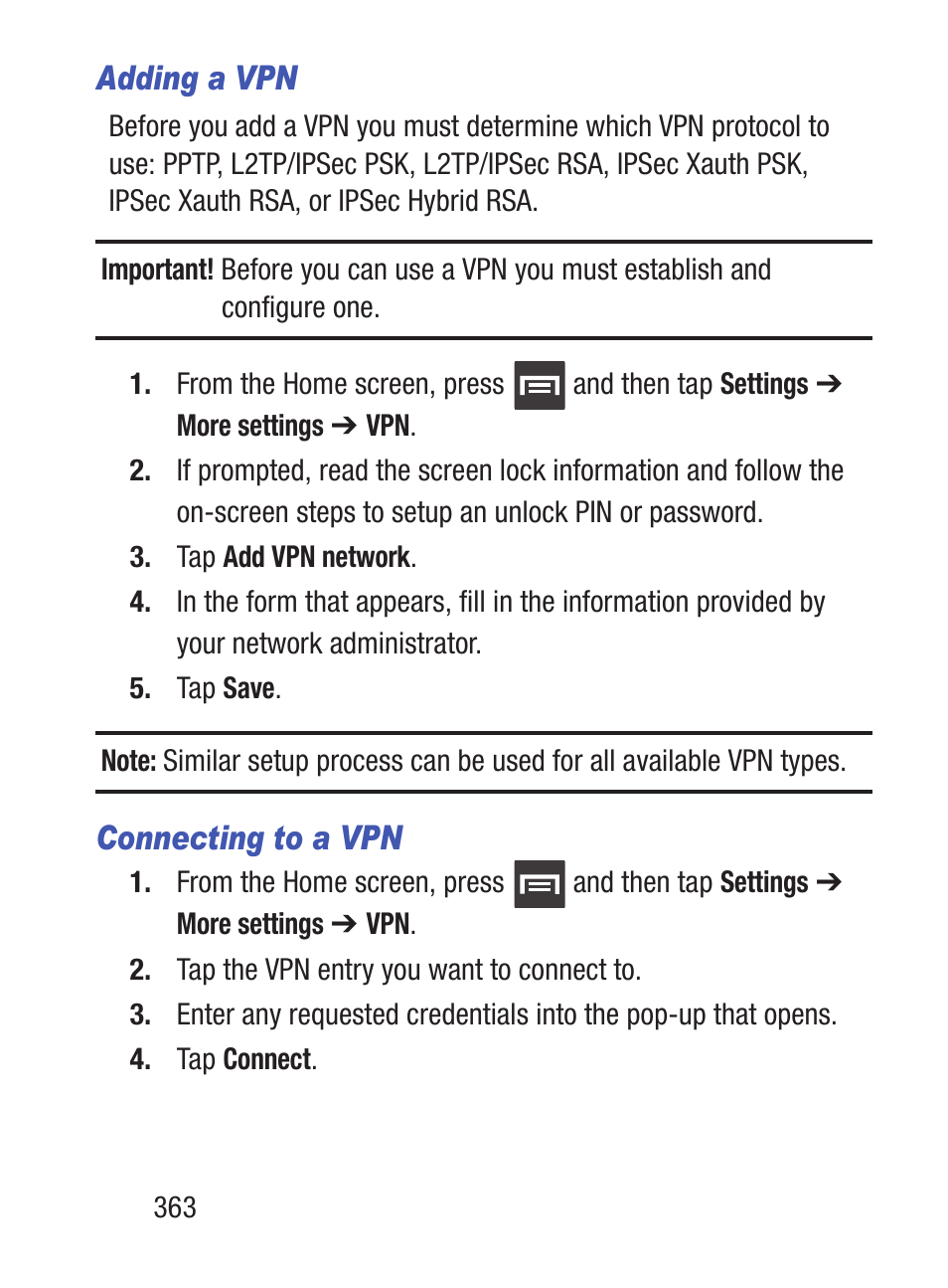 Adding a vpn, Connecting to a vpn | Samsung SCH-S960RWBTFN User Manual | Page 368 / 513